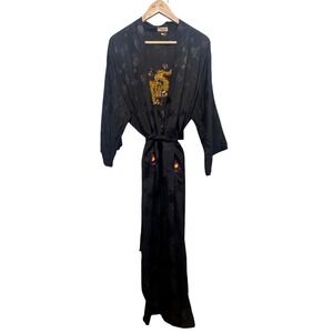 Vintage Golden Bee Embroidered Dragon Kimono Robe Black Rayon Floral Sz L